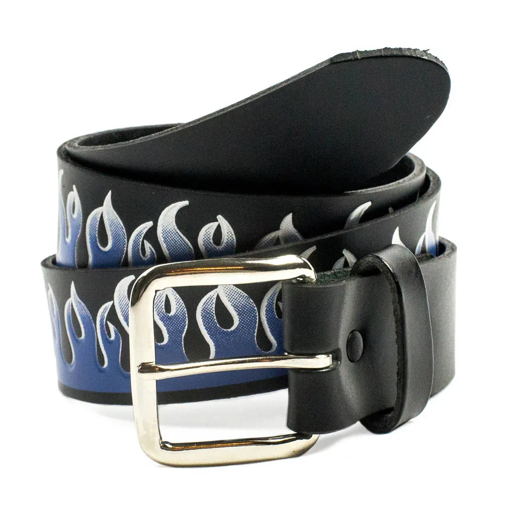 Black Leather Belt w/ Blue Flame Detail