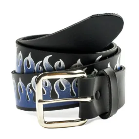 Black Leather Belt w/ Blue Flame Detail