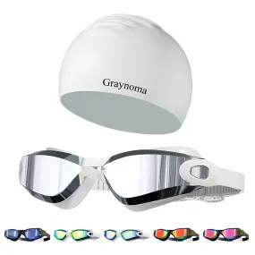 Graynoma Swim Goggles & Swim Cap Set High Stretch Silicone Swim Cap and Anti-Fog Swimming Goggles for Adult Men Women (silvery white &white cap)
