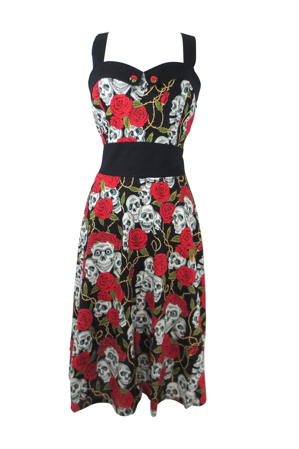 Lost Queen Women's Lust Love Skulls and Roses Midi Dress