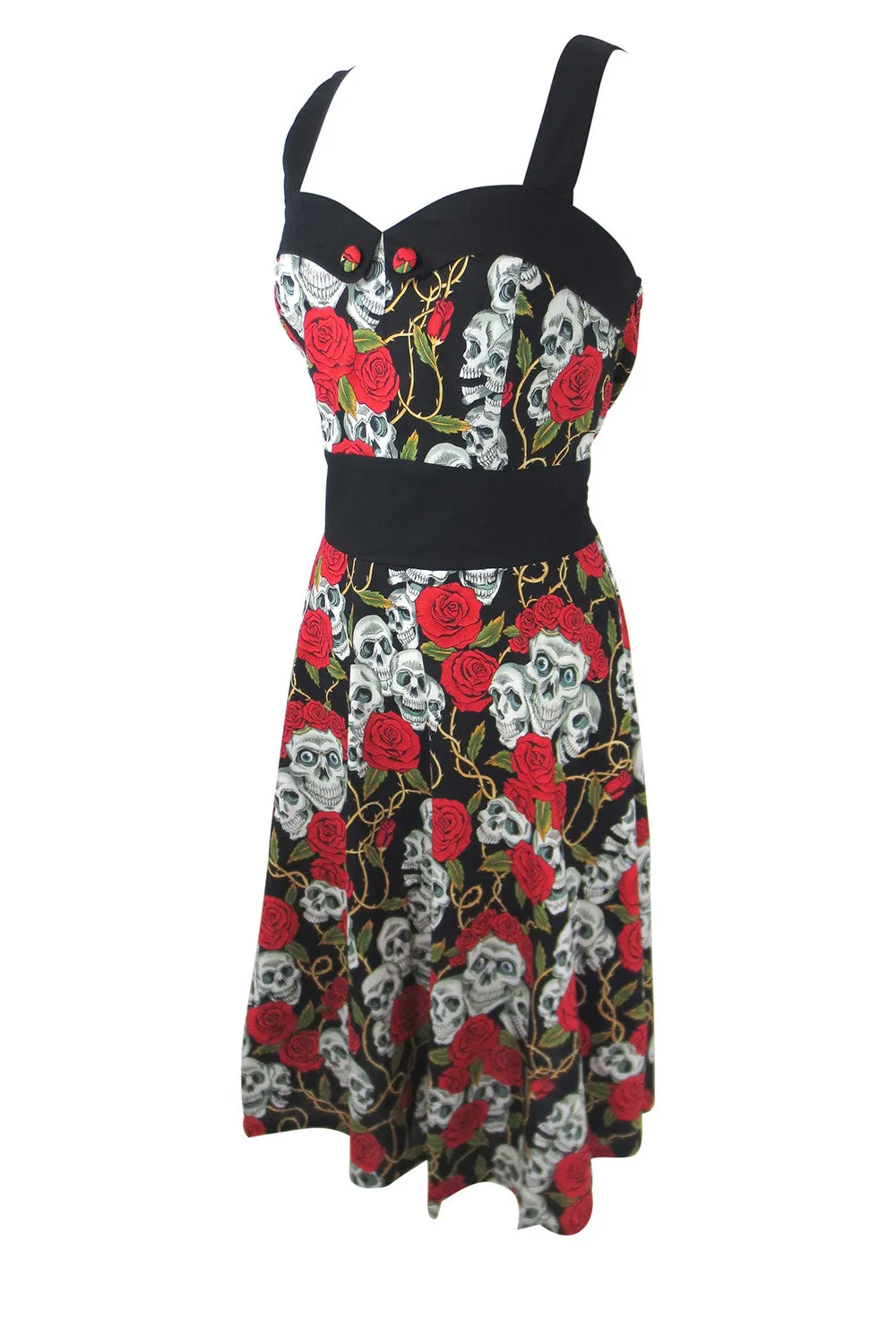 Lost Queen Women's Lust Love Skulls and Roses Midi Dress
