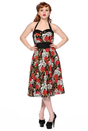 Lost Queen Women's Lust Love Skulls and Roses Midi Dress