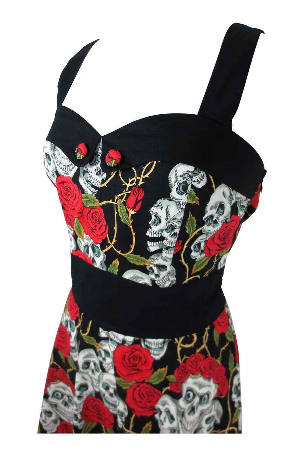 Lost Queen Women's Lust Love Skulls and Roses Midi Dress