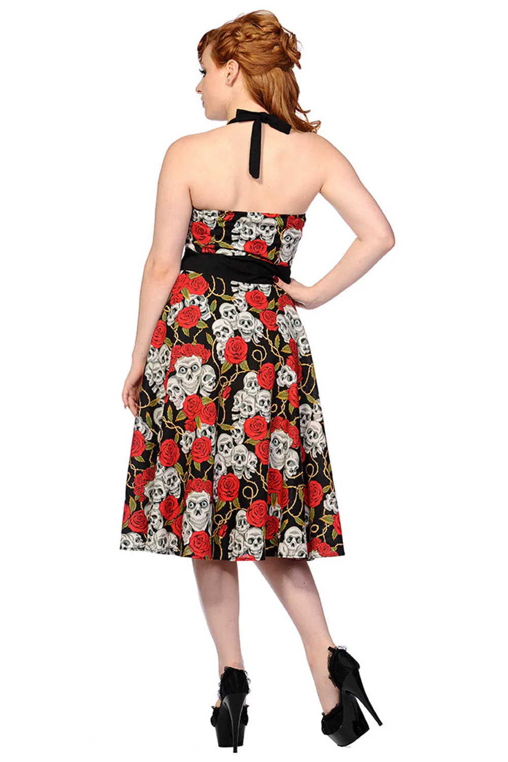 Lost Queen Women's Lust Love Skulls and Roses Midi Dress