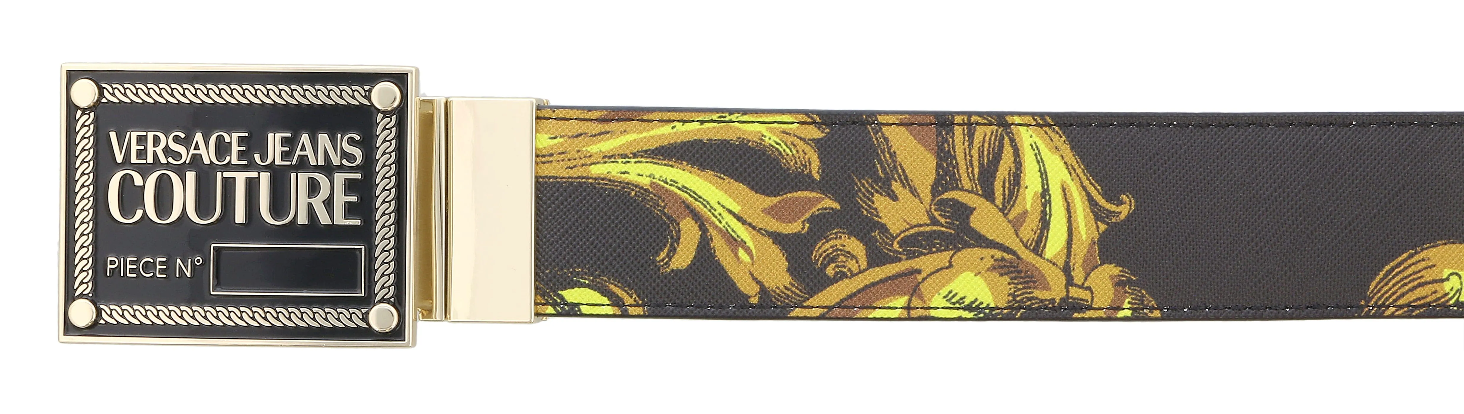 Versace Jeans Couture Black/Gold Leather Baroque Print Signature Plate Buckle-Adjustable Reversible Belt